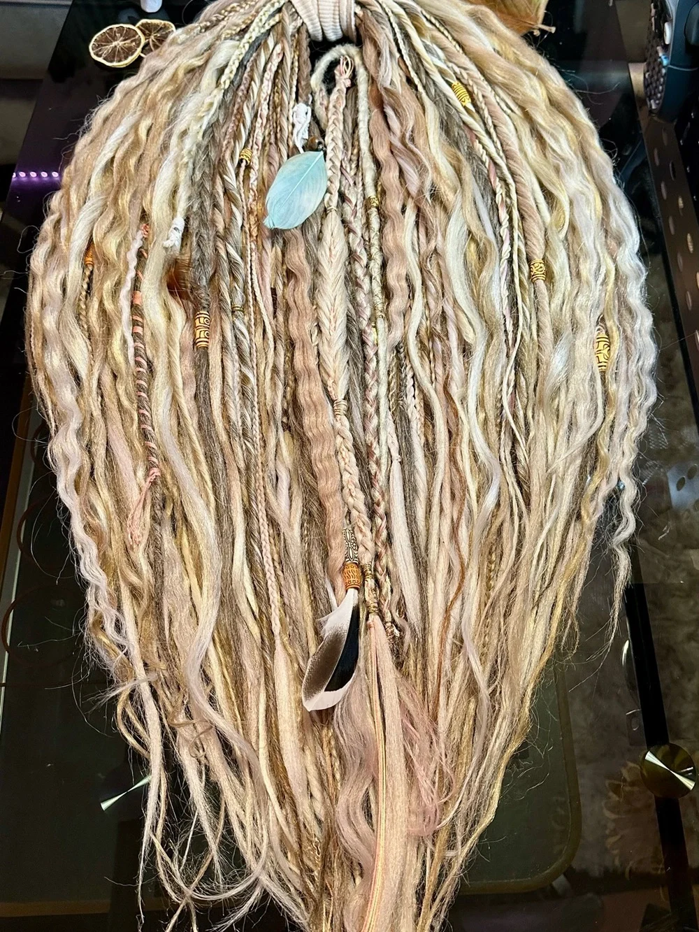 Boho Blonde Synthetic Dreadlock Hairpiece with Beads & Feathers - Picture 12 of 17